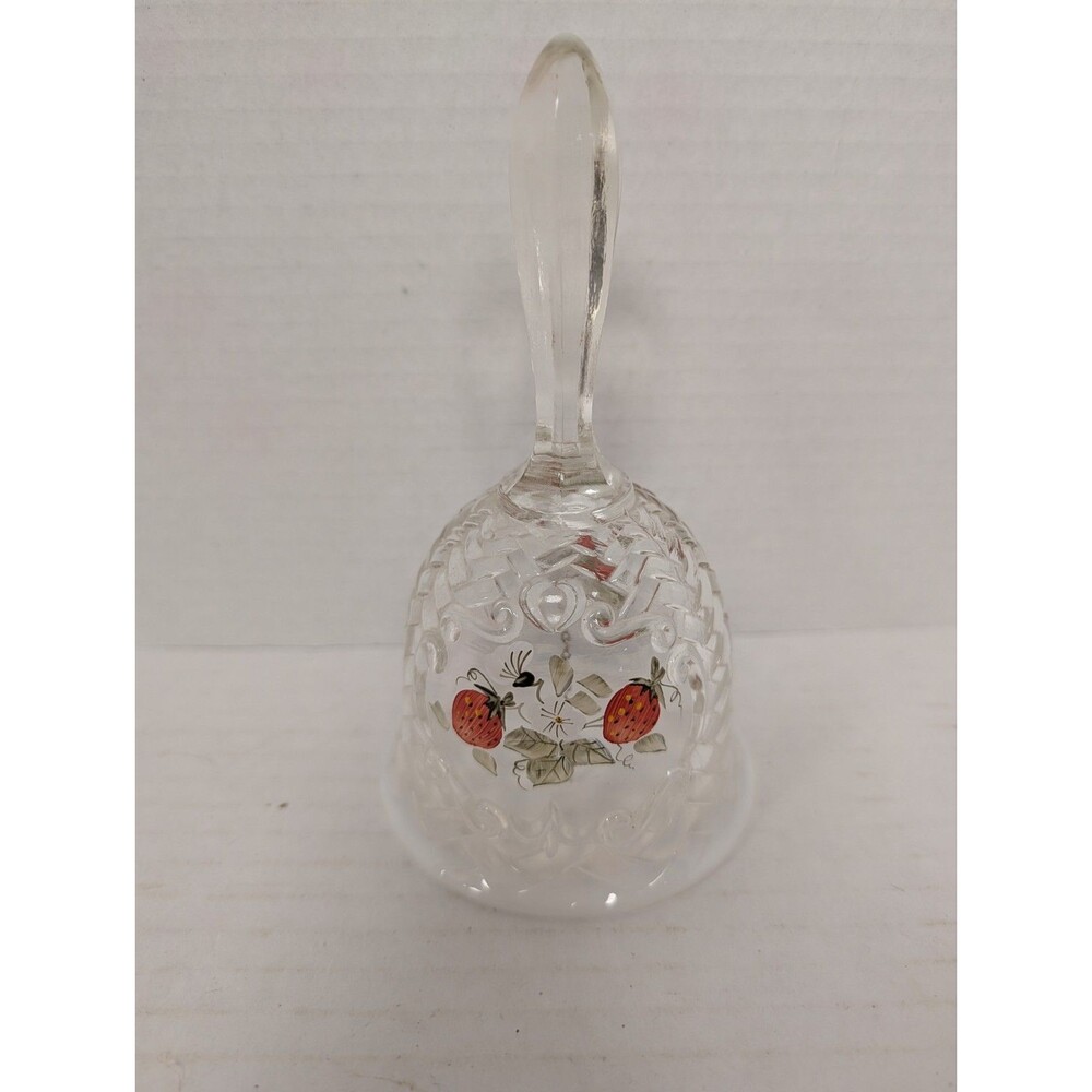 Fenton Art Glass Opalescent Basket Weave Hand Painted Strawberries Bell - Signed
